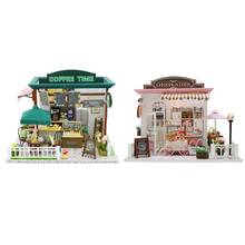 Miniatura de madeira café tempo loja casa boneca diy casa de bonecas com móveis brinquedos para crianças modelo de construção menina presente aniversário 2024 - compre barato