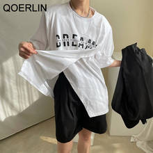 QOERLIN Harajuku Oversize Irregular Split Letter Print Short Sleeve Loose Oversize Classic Black White Tops T Shirts Streetwear 2024 - buy cheap