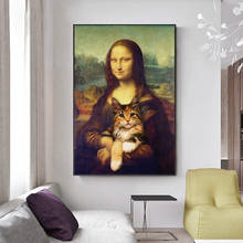 Mona Lisa sostiene el gato, lienzo artístico divertido, pinturas en la pared, carteles e impresiones artísticos famosos de Da Vinci, Cuadros 2024 - compra barato