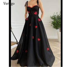 Verngo 2021 New Modern Black Dotted Tulle Prom Dresses Red Lace Heart Neck Ties Straps A Line Long Evening Gown With Pockets 2024 - buy cheap