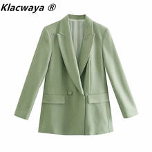 Klacwaya Women Double Breasted Buttoned Blazer Grass Green Pronounced Shoulders Front Flap Pockets Feminine Office Outwear Top 2024 - buy cheap