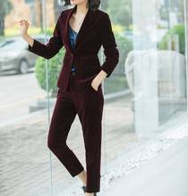 Women Pants Suits Velvet Clothing Business Formal Work Office Ladies Wear Long Sleeve Slim Blazer Jacket Autumn Winter 2Pcs Set 2024 - купить недорого