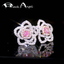 BLACK ANGEL Elegant Flowers Petal Inset Luxury Pink Crystal Gemstone 925 Sterling Silver Stud Earrings for Women Wedding Jewelry 2024 - buy cheap