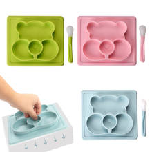 2 Pçs/set Urso Dos Desenhos Animados Alimentação Prato Colher Conjunto Não-slip Sucção Talheres Food Grade Silicone Bebê Treinamento Prato de Jantar 2024 - compre barato