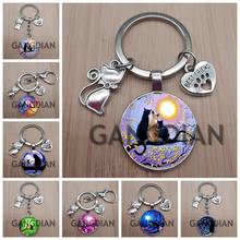 Fashionable moon tree branch and cat glass round pendant key chain, male and female jewelry key chain, car DIY key chain 2024 - buy cheap