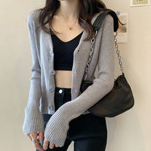 Cardigã feminino liso tricô gola v, jaqueta feminina curta manga comprida estilo coreano 2024 - compre barato