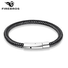 FIREBROS-pulsera de cuero genuino para hombre y mujer, brazalete con cierre de Color plateado, alambre trenzado de acero inoxidable, joyería Punk, envío directo 2024 - compra barato