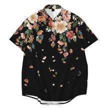 Homens pretos estampados florais casuais soltos colarinho solto para baixo venda quente camiseta masculina de manga curta com botão 2024 - compre barato