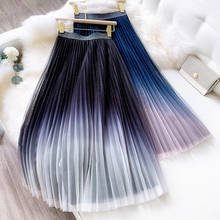 New Spring Summer 2020 Gradient Mesh Female Vintage Skirt Elastic High Waist Pleated Mesh Half-length tulle Skirt Jupe Longue 2024 - buy cheap