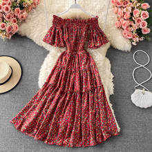 Aibeaut- vestido feminino casual de cintura alta, nova coleção verão com estampa floral, decote canoa, meia-panturrilha 2024 - compre barato