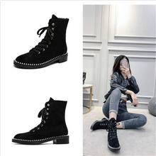 2019 Autumn Female botas mujer Rivets Autumn Shoes Women Martin Boots Pearl Fashion Brand Ladies footware Cross-tied Ankle Boots 2024 - buy cheap