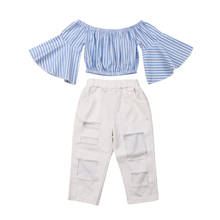 Free Shipping 2Pcs Clothes Set Baby Girls Summer Clothes Girl Striped Tops+Ripped Denim Pants Clothing Suits 2024 - buy cheap