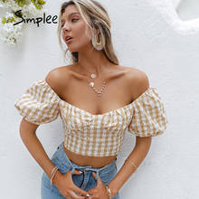 Simplee-Camiseta con estampado de margaritas para mujer, blusa amarilla a cuadros con mangas abullonadas, blusa ajustada con cuello cuadrado para mujer, tops sexys para vacaciones de moda 2024 - compra barato