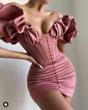 Vestido corpete feminino rosa com babados, decote em v, estilo sexy, primavera, feminino, com espartilho, design moderno, festa à noite, vestido de clube 2024 - compre barato