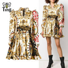 Tingfly Spring Designer Vintage Floral Mini Party Dresses Ruched Ruffles Long Sleeve Casual Dress Streetwear Vestidos ZA clothes 2024 - buy cheap