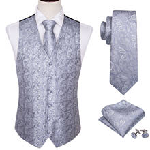 Barry.Wang Formal Waistcoat for Men Slim Suit Vest Silver Silk Vest Paisley Necktie Set Handkerchief Cufflinks Vest for Wedding 2024 - buy cheap