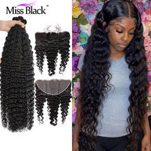 Miss Black Deep Wave Bundles With Frontal Brazilian Remy Human Hair Extension 3 4 Bundles Curly Water Wave For Black Women 2024 - buy cheap