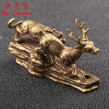 Estatua de ciervo atrapador de rey tigre de cobre puro, adorno pequeño, estatuillas en miniatura de animales de bronce antiguo, decoraciones de escritorio para el hogar, artesanía 2024 - compra barato