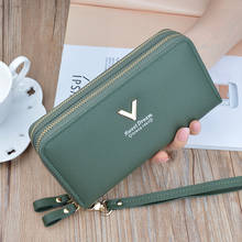 Women Double Zipper Wallets Female Solid Color Leather Coin Purses Ladies Long Wristband Card Holder Clutch Bag 2024 - buy cheap