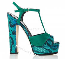 Women New Fashion Open Toe Green Snake Leather Patchwork Chunky Heel Sandals Sexy High Platform Thick High Heel Sandals Heels 2024 - buy cheap