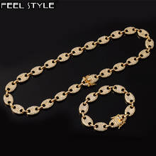 1kit 13MM Bling Coffee Bean Iced Out CZ Pig Nose Rhinestone choker Link Chain Necklaces & Bracelet for Men HIP HOP Jewelry 2024 - buy cheap
