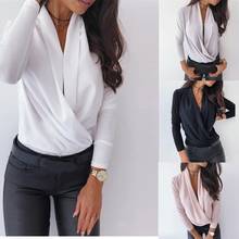 Блузка женская с запахом, белая однотонная шифоновая блузка в стиле Харадзюку, с глубоким V-образным вырезом и длинным рукавом, повседневный офисный Топ, на весну 2024 - купить недорого