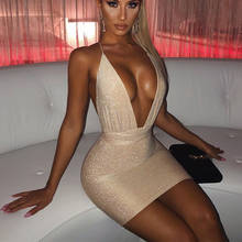 Deep V Neck Glitter Club Outfits Sexy Night Dress Cross Lace Up Bodycon Bandage Women Backless Summer Mini Dress Party Vestidos 2024 - buy cheap