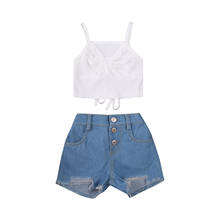 2 peças crianças conjunto terno, meninas cor sólida v-neck curto + shorts denim com bolsos para o verão, branco, 1-6 anos 2024 - compre barato