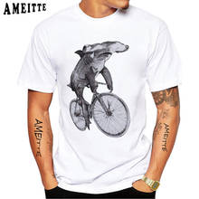 New Vintage Men's Short Sleeve Hammerhead Riding A Bicycle Print T-Shirt Funny Animal Bike Design Casual Hip Hop Boy White Tees 2024 - buy cheap