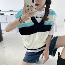 New Women's Hit Color Stripe Knit Vest Fall Winter Korean Casual Loose V-neck Sleeveless Sweaters For Female Fashion Vests 2020 2024 - buy cheap