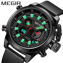 Megir relógio masculino de couro, relógio com mostrador duplo, esportivo e luminoso de quartzo 2024 - compre barato