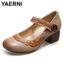 YAERNI Vintage Genuine Leather Pumps Mid Heel Women Shoes Ankle Strap Comfortable Square Heel 5CM Round Toe Leather Shoes Woman 2024 - buy cheap