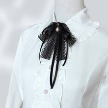 Women Girls Black Lace Ribbon Bow Tie Faux Pearl Pendant Brooch Pin Necklace Uniform Shirt Blouse Pre-Tied Jabot Collar 2024 - buy cheap