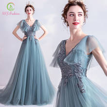 SSYFashion New Banquet Elegant Blue Green Evening Dress Sexy V-neck Lace Appliques with Beading Long Formal Gowns Custom Made 2024 - buy cheap