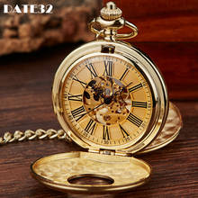 Luxury Golden Mechanical Pocket Watch Skeleton Roman Numerals Dial Dual Side Open Gold Case Fob Chain Clock for Men Dropshipping 2024 - buy cheap