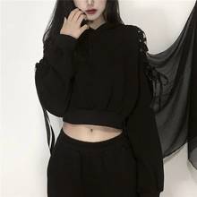 Hipster Lady Eyelet Lace-up Off Shoulder Hollow Out Short Dark Goth Hoodies Gothic Black Women Demon Horn Hooded Sweatshirt 2022 2024 - buy cheap