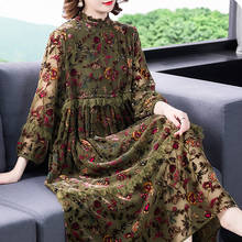 Autumn Vintage Womens Ruffles Lantern Sleeve Velour Printed Flower Dress Woman Loose High Waisted Lace Patchwork Velvet Dresses 2024 - buy cheap