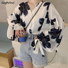 Shirts Women Puff Sleeve Drop-shoulder Bow Harajuku Ins Printed Loose V-neck Korean Style Fashion Lady New Autumn Female Tops 2024 - compre barato