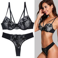 Women's Thong Sexy Underwear Set Black Bra Women Lingerie Set Lace Embroidery Push up Bra And Panties Sets Deep V Gather 2024 - buy cheap