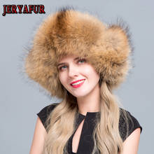 Jeryafur chapéus de pele feminina inverno raposa/guaxinim pele chapéus com couro novo popular de alta qualidade unisex bomber chapéus 2024 - compre barato