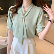 Camisa de chiffon e gola v solta feminina, blusa moderna para mulheres branca, de escritório e escritório estilo coreano, 2021 2024 - compre barato