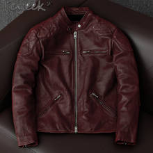 Винтажная кожаная куртка Tcyeek, мужские уличные мотоциклетные куртки, пальто из овчины, с песчаным воротником, красная Мужская одежда, кожаный мужской Блузон 2024 - купить недорого