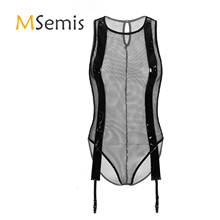 Womens See-through Fishnet Bodysuit Round Neck Sleeveless Patent Leather Nightclub Costume Decor Mesh Leotard with Garter Belt 2024 - buy cheap