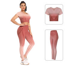 Ombre mulheres de fitness yoga conjunto manga curta camisas + leggings sem costura cintura alta esportes ternos ginásio roupas esportivas atlético 2024 - compre barato