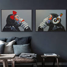 Orangután para escuchar música con auriculares, pintura en lienzo, decoración de arte de pared, póster, imagen de Animal divertido para habitación de niños, decoración del hogar 2024 - compra barato