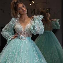 Pretty Mint Green Floral Lace Evening Dresses Puffy A-line Beaded Prom Gowns Full Sleeves Abendkleider 2020 2024 - buy cheap