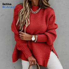 Women Elegant Solid Ribbed Knit Sweater Fashion O Neck Lantern Long Sleeve Pullover Tops Ladies Winter Casual Loose Slit Jumper 2024 - buy cheap