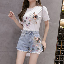 Hot Summer Women Sets Fashion Short Sleeve T-Shirt And Jeans Shorts Two-piece Set Female Embroidery 3D Flower Casual Suits Y230 2024 - buy cheap