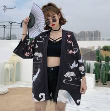 Casaco kimono japonês yukata feminino, camisa casual com estampa de nuvem com guindaste 2024 - compre barato