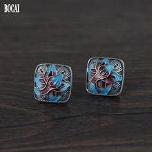 100% real S925 silver fashion jewelry Thai silver woman earrings silver cloisonne burned blue flower square earrings for women 2024 - buy cheap